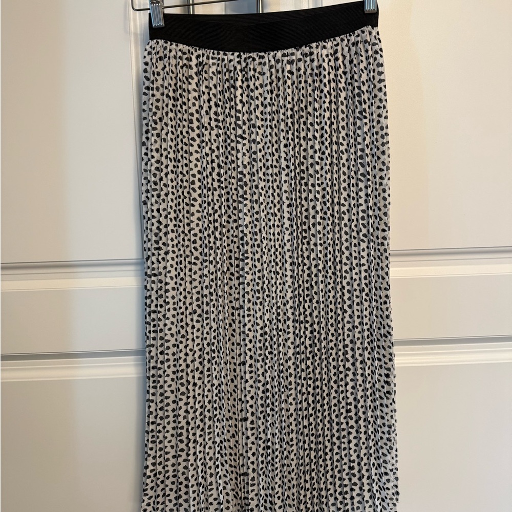 Rachel Zoe Pleated Midi Skirt Black White Splatter Print Chiffon Elastic Waist S